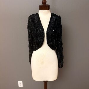 I. Magnin floral appliqué  Black sequin beaded embroidered cropped Bolero jacket